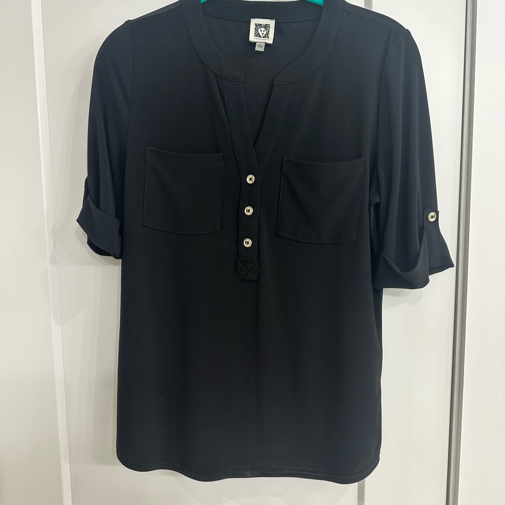 Anne Klein Black Button-Front Henley Pocket Blouse